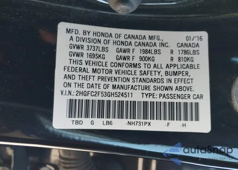 2016 Honda Civic Lx из США, поврежденный, VIN 2HGFC2F53GH524511